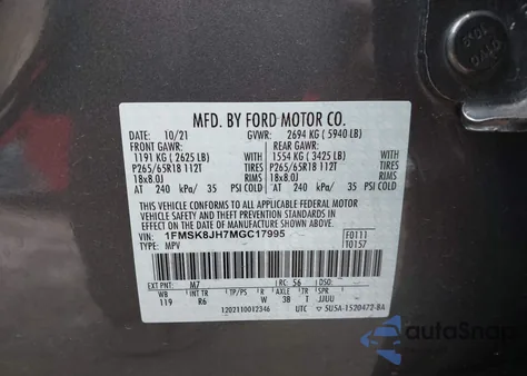 2021 Ford Explorer Timberline из США, поврежденный, VIN 1FMSK8JH7MGC17995